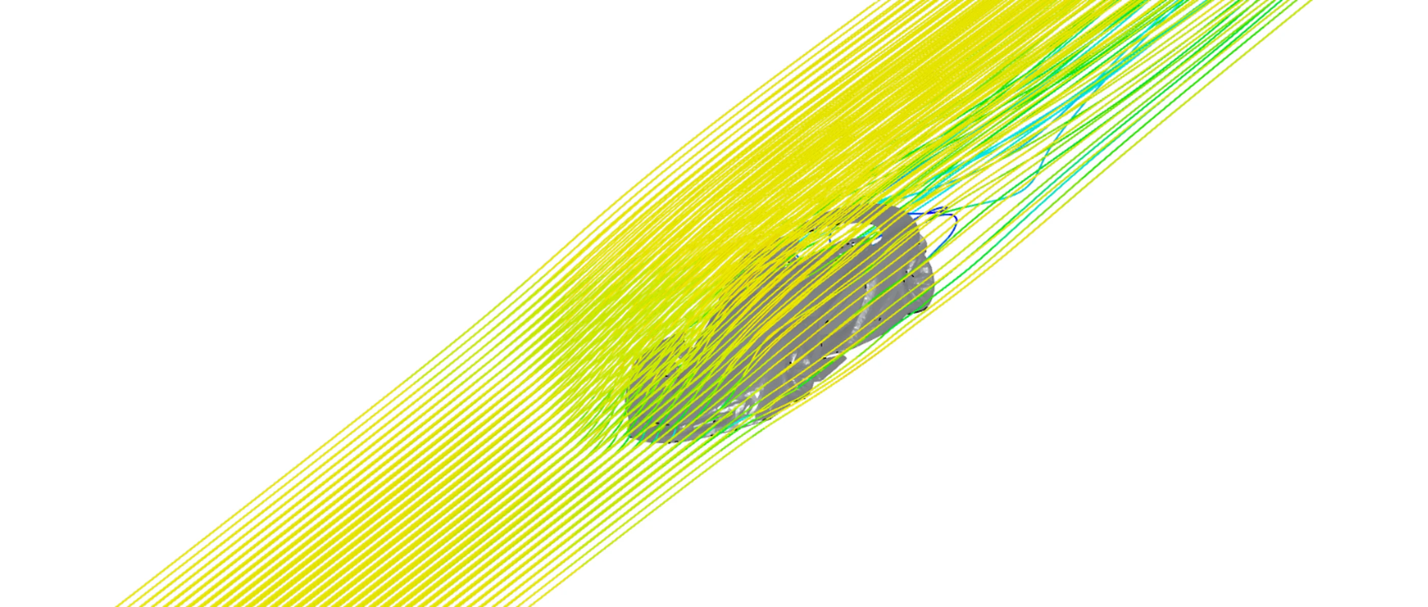 CFD study, three-quarter view from above: streamlines wrap the body and slow behind it
