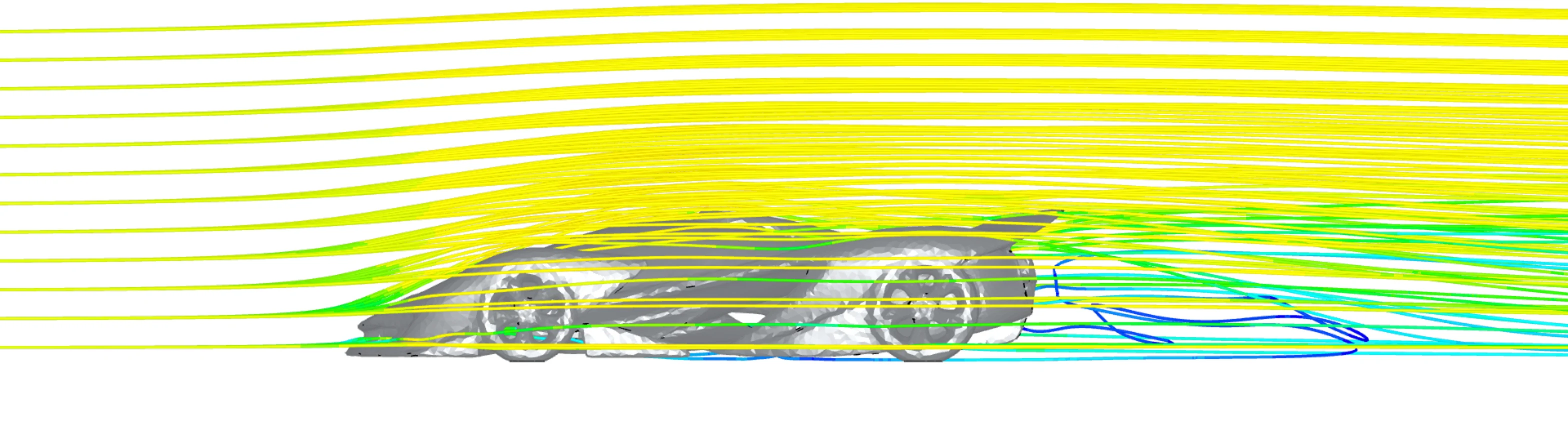 CFD study, side: streamlines run smoothly from the nose over the roof to the rear wing, slowing into a wake behind and under the car