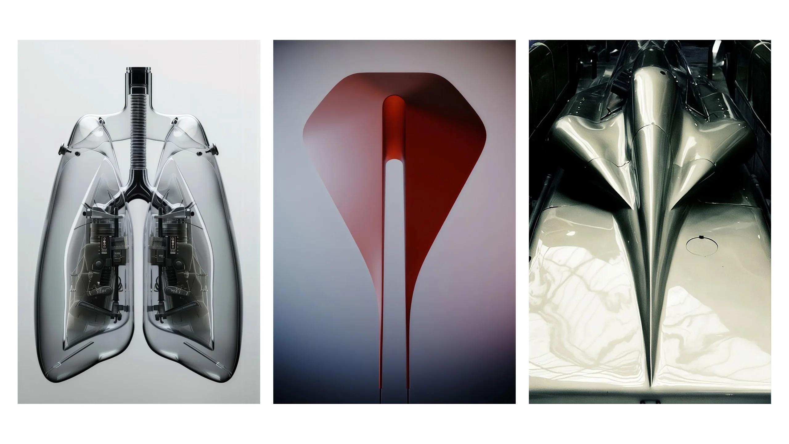 Three references: the transparent lung, the lung abstracted into two lobes and a central slot, and a metal surface running along a central spine