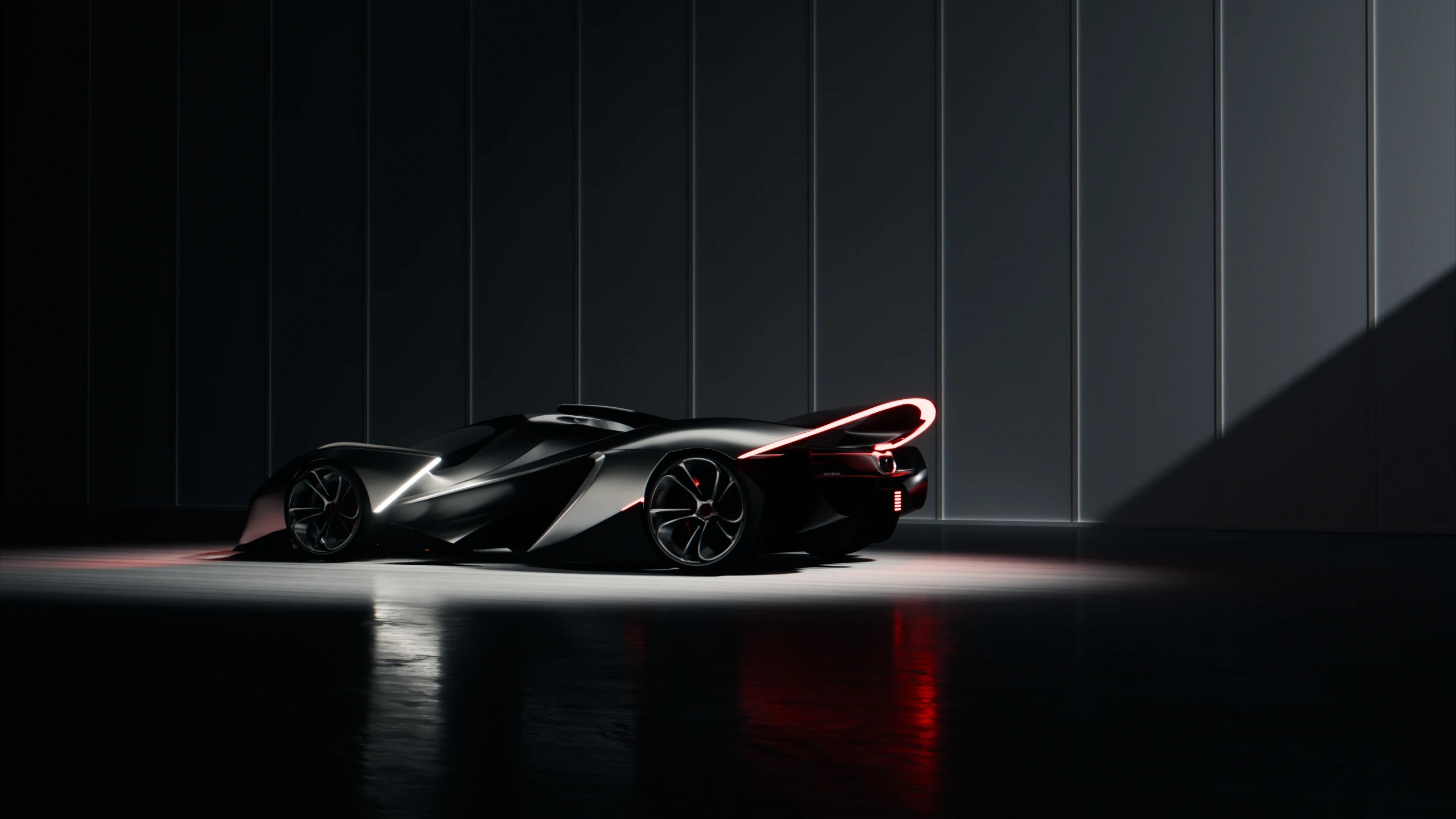 McLaren Z1 low rear quarter in a dark architectural studio